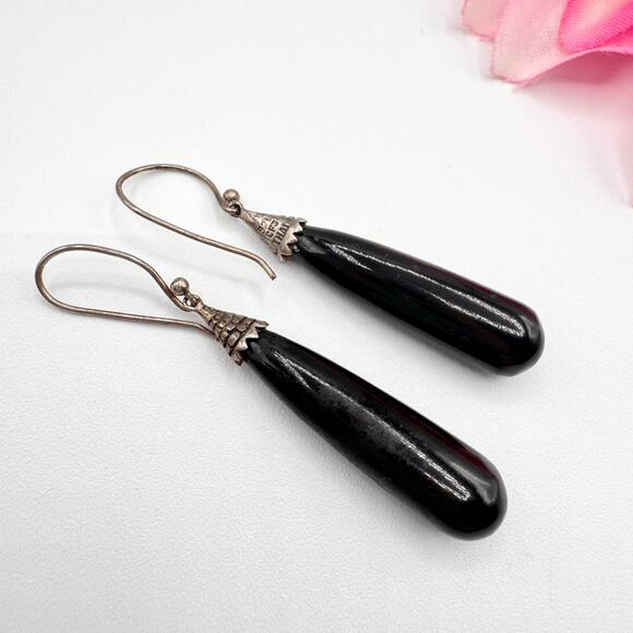 Vintage 925 CFJ THAI Sterling Silver Bali Style Black Dangle Earrings Ethnic - Picture 2 of 13